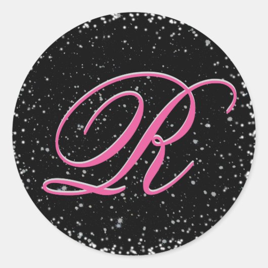 Zwart-roze monogram met sterren ronde sticker (Voorkant)