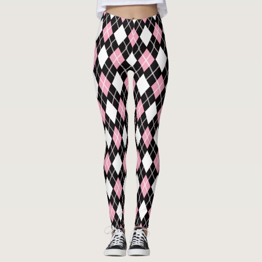 Zwart & Roze Naadloze Argyle Patroon Leggings (Voorkant)