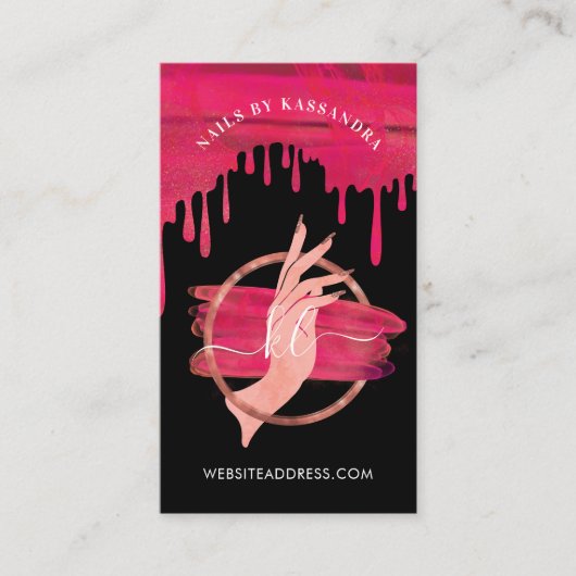 Zwart roze nagellak Manicure Salon Script Monogram Visitekaartje (Voorkant)
