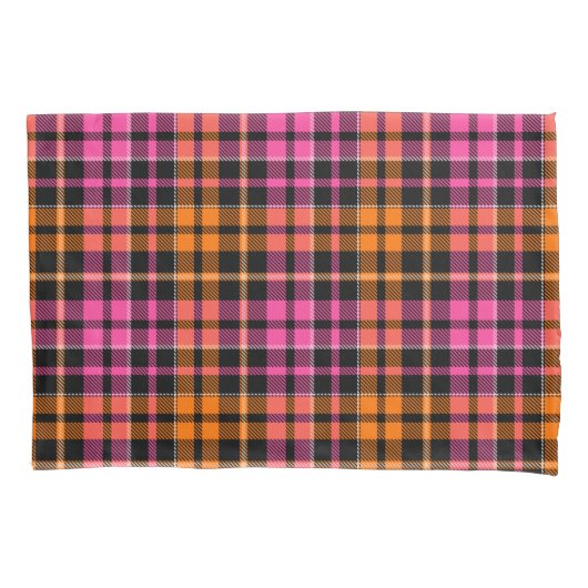 Zwart Roze Oranje Schotse Ruit Ontwerp Kussensloop (Voorkant)