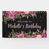 Zwart Roze Paarse Bloemen Goud Glitter Verjaardag Spandoek (Horizontaal)