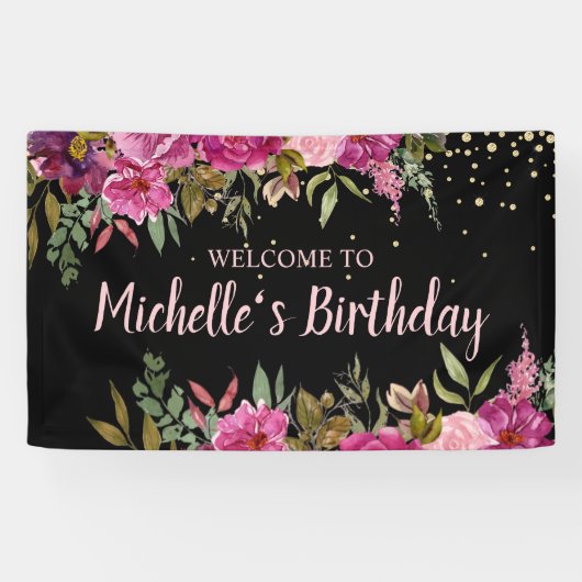 Zwart Roze Paarse Bloemen Goud Glitter Verjaardag Spandoek (Horizontaal)