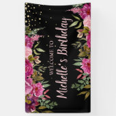 Zwart Roze Paarse Bloemen Goud Glitter Verjaardag Spandoek (Verticaal)