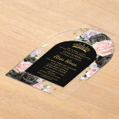 Zwart Roze Paarse Bloemen Goud Quinceanera Sweet 1 Acryl Uitnodigingen (Laagn)
