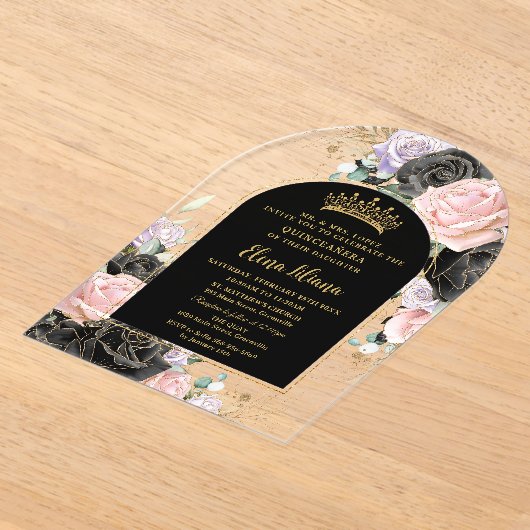 Zwart Roze Paarse Bloemen Goud Quinceanera Sweet 1 Acryl Uitnodigingen (Laagn)