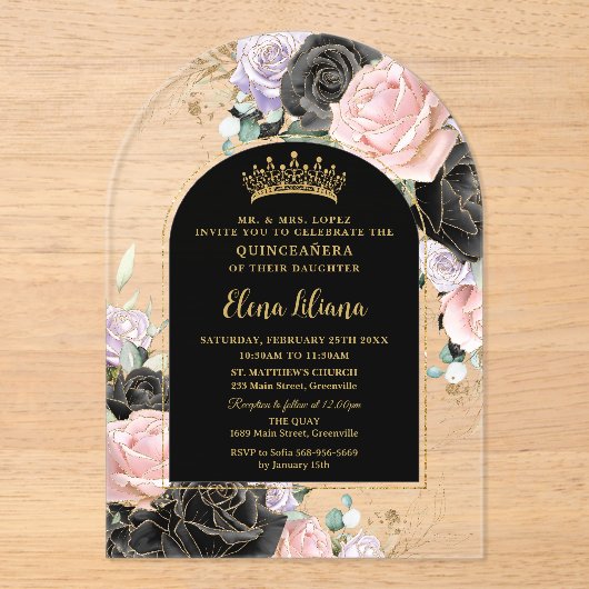 Zwart Roze Paarse Bloemen Goud Quinceanera Sweet 1 Acryl Uitnodigingen (Voorkant)