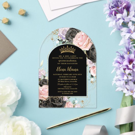 Zwart Roze Paarse Bloemen Goud Quinceanera Sweet 1 Acryl Uitnodigingen (Insitu (Huwelijk))