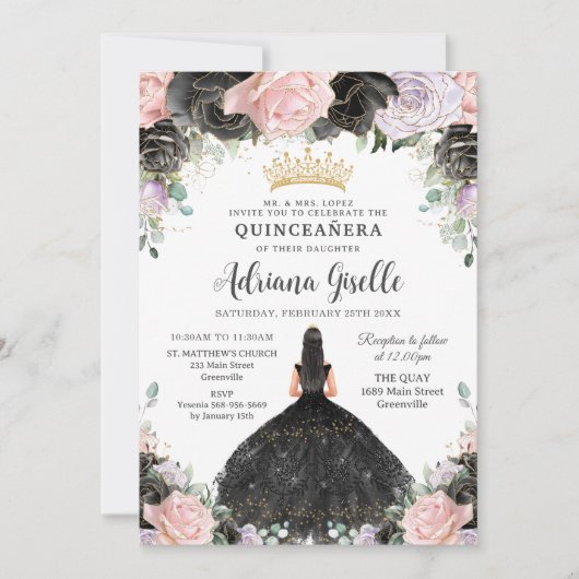 Zwart Roze Paarse Bloemen Goud Quinceanera Sweet 1 Kaart (Voorkant)