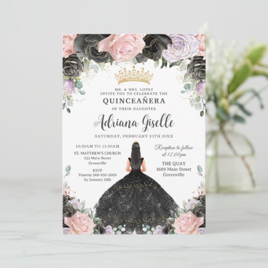 Zwart Roze Paarse Bloemen Goud Quinceanera Sweet 1 Kaart (Staand voorkant)