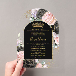 Zwart Roze Paarse Bloemige Gouden Quinceanera Swee Acryl Uitnodigingen