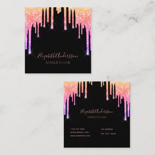 Zwart roze paarse druppels make-up haar vierkante visitekaartje (Voorkant / Achterkant)