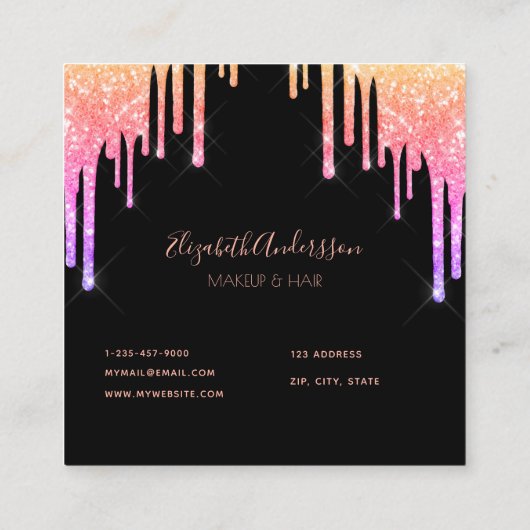 Zwart roze paarse druppels make-up haar vierkante visitekaartje (Achterkant)