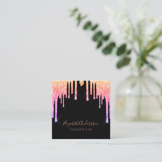 Zwart roze paarse druppels make-up haar vierkante visitekaartje (Staand voorkant)