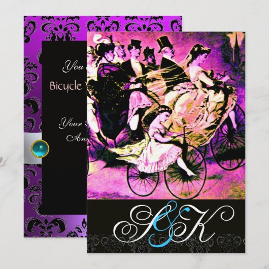 ZWART ROZE PAARSE FIETS HUWELIJK DAMAST MONOGRAM KAART (Voorkant / Achterkant)