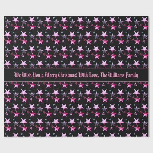 Zwart Roze Paarse Kerststerren Patroon Tekst toevo Cadeaupapier (Vlak)