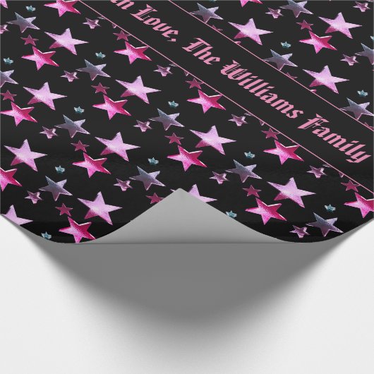 Zwart Roze Paarse Kerststerren Patroon Tekst toevo Cadeaupapier (Hoek)