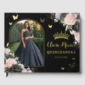 Zwart Roze Paarse Lila Bloemen Quinceañera Foto Gastenboek (Voorkant)
