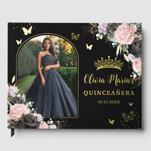 Zwart Roze Paarse Lila Bloemen Quinceañera Foto Gastenboek (Voorkant)