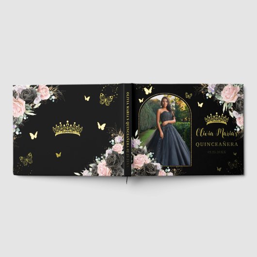 Zwart Roze Paarse Lila Bloemen Quinceañera Foto Gastenboek (Volledig)