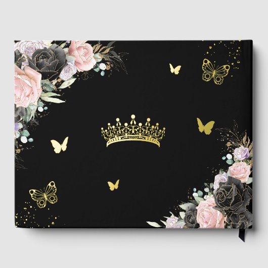 Zwart Roze Paarse Lila Bloemen Quinceañera Foto Gastenboek (Achterkant)