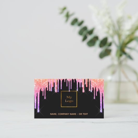 Zwart roze paarse QR code glitter drips Visitekaartje (Staand voorkant)