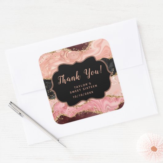 Zwart roze pailletten agaat zoet zestien dank u vierkante sticker (Envelop)