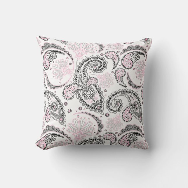 Zwart Roze Paisley Patroon Decoratief Sierkussen (Voorkant)