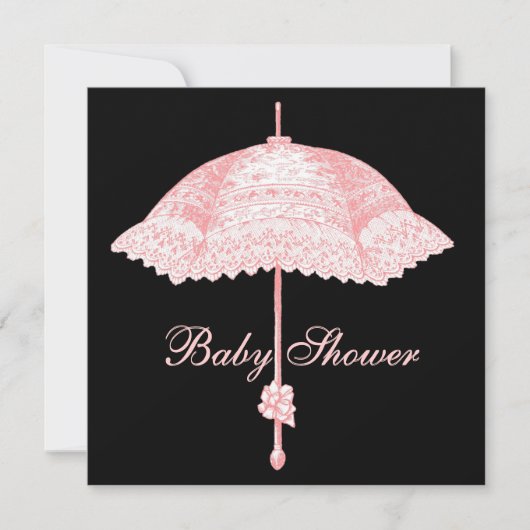 Zwart Roze Parasol Paraplu Baby Meisje Douche Kaart (Voorkant)