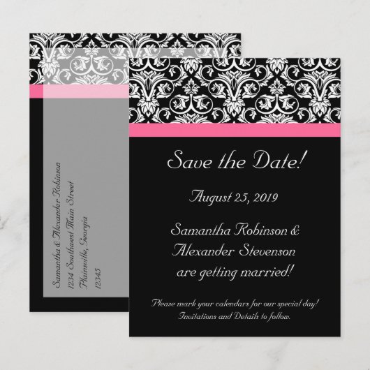 Zwart Roze Passion Damask Save the Date Kaart (Voorkant / Achterkant)