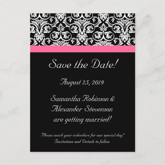 Zwart Roze Passion Damask Save the Date Kaart (Voorkant)