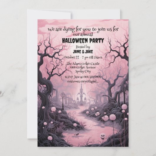 Zwart & Roze Pastel Gothic Graveyard Halloween Par Kaart (Voorkant)