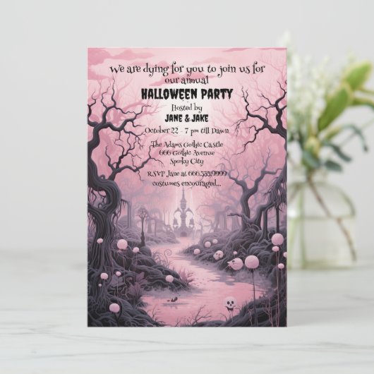 Zwart & Roze Pastel Gothic Graveyard Halloween Par Kaart (Staand voorkant)