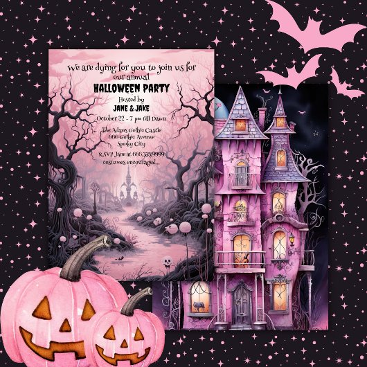 Zwart & Roze Pastel Gothic Graveyard Halloween Par Kaart