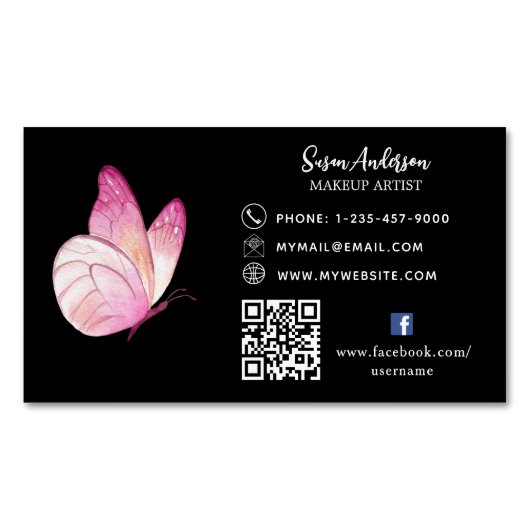 Zwart roze perzik vlinder QR code Facebook Magnetisch Visitekaartje (Voorkant)