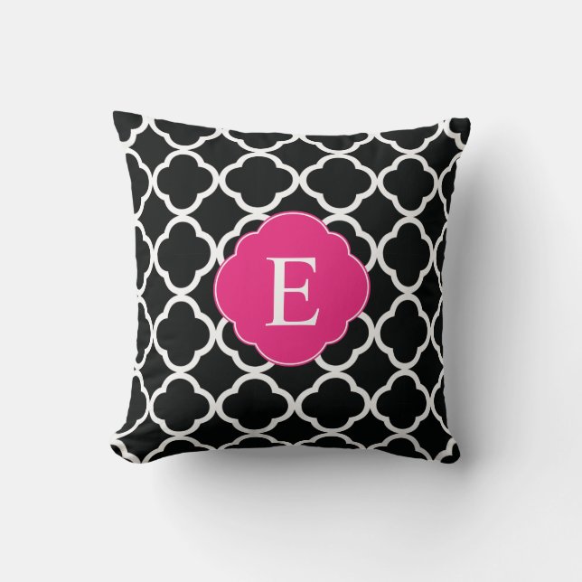 Zwart roze Quatrefoil Monogram Kussen (Voorkant)