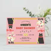 Zwart Roze retro cat baby shower Kaart (Staand voorkant)