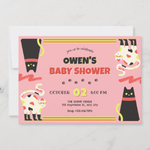Zwart Roze retro cat baby shower Kaart