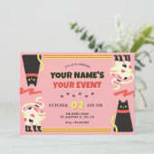 Zwart Roze retro kat Kaart (Staand voorkant)