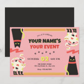 Zwart Roze retro kat Kaart (Voorkant / Achterkant)