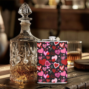 Zwart Roze Rode Harten Liefde Patroon Heupfles