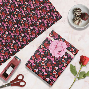Zwart Roze Rode Harten Liefdespatroon Cadeaupapier