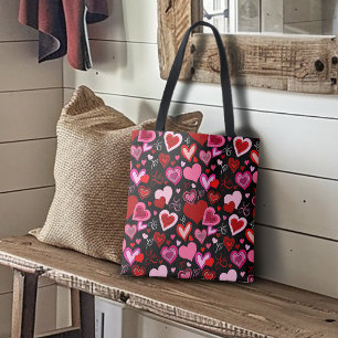 Zwart Roze Rode Harten Liefdespatroon Tote Bag