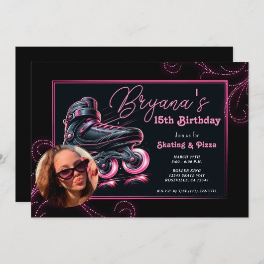 Zwart & Roze Rollerblades Glow Sparkle Verjaardag Kaart (Voorkant / Achterkant)