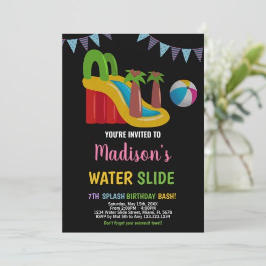 Zwart Roze Rood Paarse Water Slide Uitnodigingen (Staand voorkant)