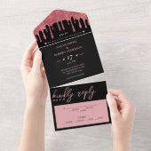 Zwart & Roze Rose Goud Glitter Drip Bruiloft All In One Uitnodiging (Afscheurbaar)
