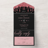 Zwart & Roze Rose Goud Glitter Drip Bruiloft All In One Uitnodiging (Binnen)