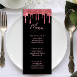 Zwart & Roze Rose Goud Glitter Drip Bruiloft Menu<br><div class="desc">Zwart en roze roségoud glitter druppel bruiloft receptie menu. Personaliseer het met je maaltijdlijst.</div>