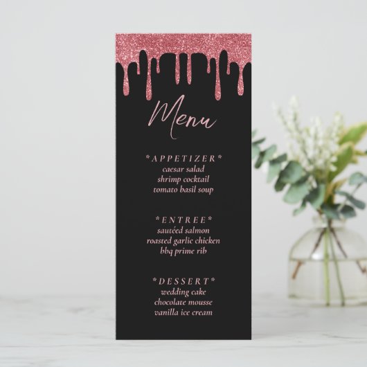 Zwart & Roze Rose Goud Glitter Drip Bruiloft Menu (Staand voorkant)