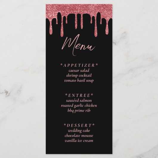 Zwart & Roze Rose Goud Glitter Drip Bruiloft Menu (Voorkant)