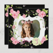 Zwart Roze Rose Meisjes Foto 3e Verjaardagsfeest Kaart (Voorkant / Achterkant)